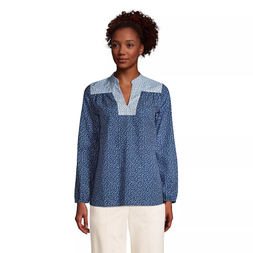 Lands' End Women's Plus Size 1X Allover Print Peasant Top